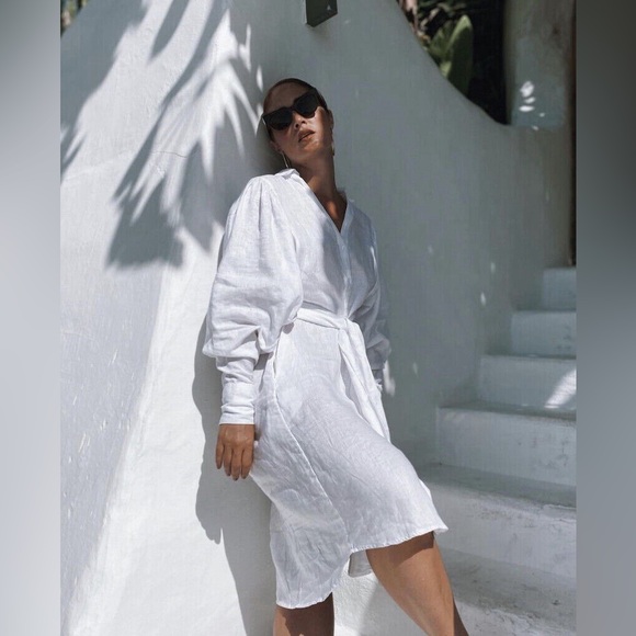 Johanna Ortiz H&M White Linen Shirt Dress Button Up Womens M Minimalist Pockets - Picture 2 of 16